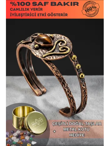 Kadın Bakır Bileklik -  Kalp Detaylı Kaplan Gözlü Kadın Bilezik Doğal Taşlar ve Metal Kutulu