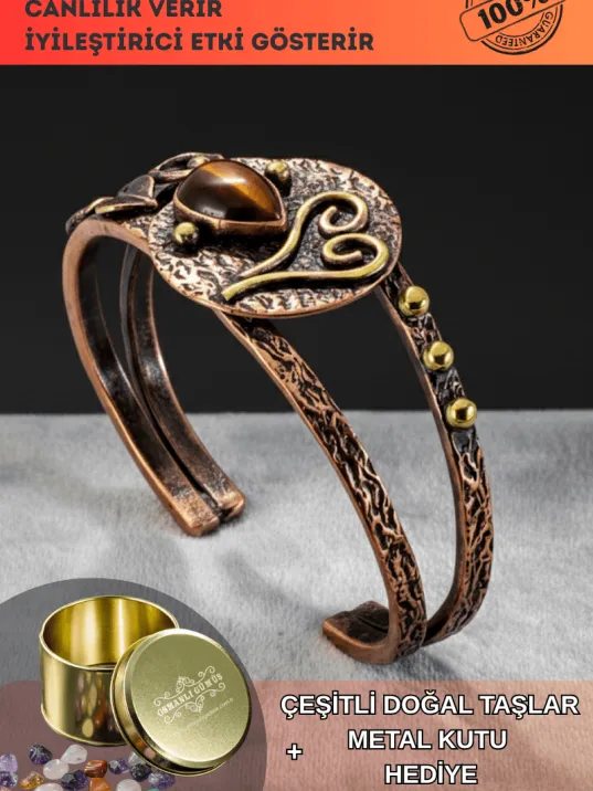 Kadın Bakır Bileklik -  Kalp Detaylı Kaplan Gözlü Kadın Bilezik Doğal Taşlar ve Metal Kutulu
