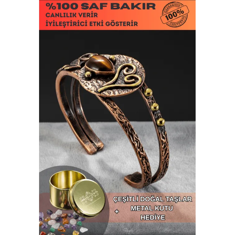 Kadın Bakır Bileklik - Kalp Detaylı Kaplan Gözlü Kadın Bilezik Doğal Taşlar ve Metal Kutulu Kadın Bakır Bileklik - Kalp Detaylı Kaplan Gözlü Kadın Bilezik Doğal Taşlar ve Metal Kutulu