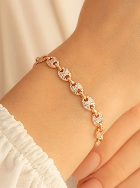 Kadın Gümüş Bileklik - Full Rose Altın Kaplama Zirkon Taşlı Gemici Model Gümüş Bileklik