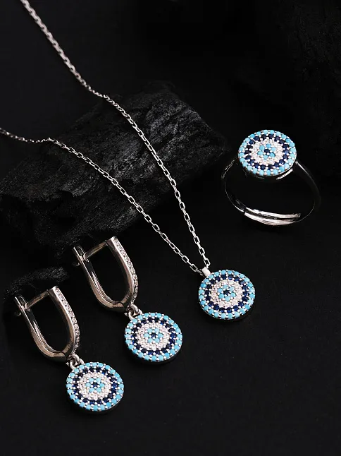 Kadın Gümüş Set - Yuvarlak Model Nazar Boncuğu Motifli Kadın Set