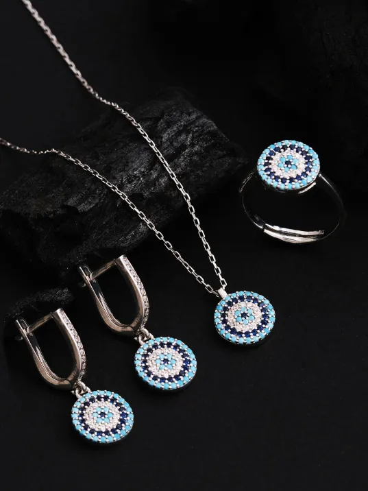 Kadın Gümüş Set - Yuvarlak Model Nazar Boncuğu Motifli Kadın Set Kadın Gümüş Set - Yuvarlak Model Nazar Boncuğu Motifli Kadın Set