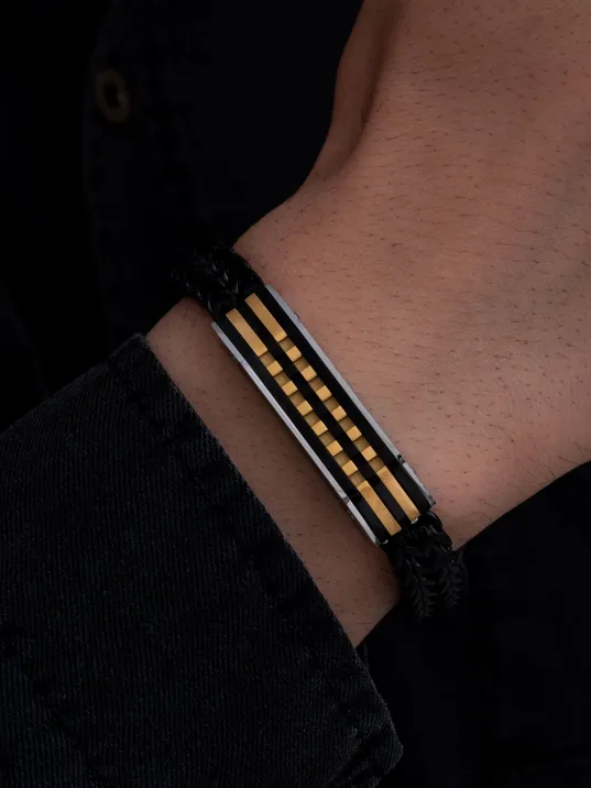 Erkek Çelik Bileklik - Siyah Bukle Model Çift Sıra Örüm Zincir Çelik Bileklik