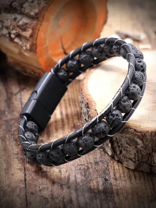 Lav Taşı Doğaltaş Erkek Deri Bileklik