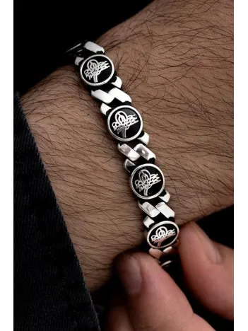 Erkek Gümüş Bileklik - Osmanlı Tuğralı Motifli Yuvarlak Model Gümüş Bileklik