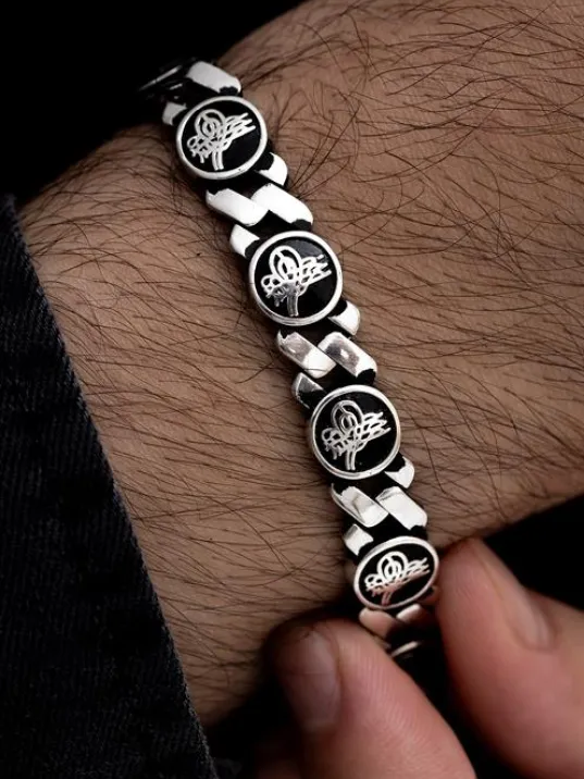 Erkek Gümüş Bileklik - Osmanlı Tuğralı Motifli Yuvarlak Model Gümüş Bileklik