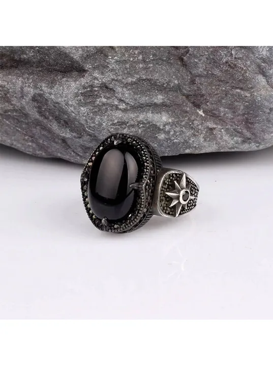 Erkek Gümüş Yüzük - 925 Ayar Oniks Taşlı Yıldız Model Gümüş Erkek Yüzük Erkek Gümüş Yüzük - 925 Ayar Oniks Taşlı Yıldız Model Gümüş Erkek Yüzük