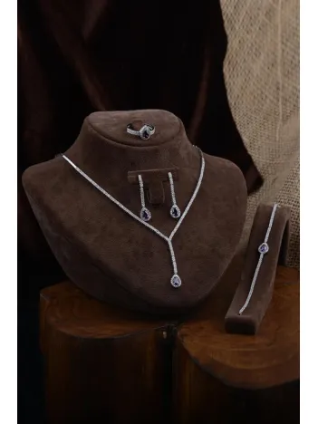 Belinda Bayan Ametist Taşlı Gümüş Su Yolu Set - Kolye, Bileklik, Küpe, Yüzük