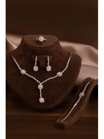 Kadın Gümüş Takı Seti - Nevrez Baget Taşlı Zirkon Süslemeli Kolye, Bileklik, Yüzük, Küpe Tam Set