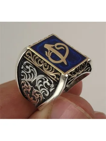 Vav Elif Mavi Mineli Gümüş Erkek Yüzük