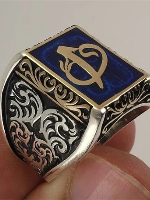 Vav Elif Mavi Mineli Gümüş Erkek Yüzük