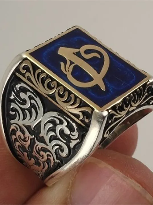 Vav Elif Mavi Mineli Gümüş Erkek Yüzük