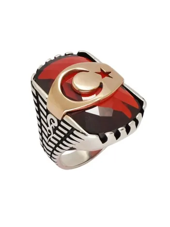 Kırmızı Zirkon Taşlı Ay Yıldızlı Erkek Gümüş Yüzük Kırmızı Zirkon Taşlı Ay Yıldızlı Erkek Gümüş Yüzük