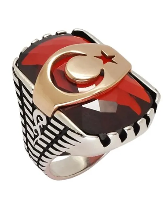Kırmızı Zirkon Taşlı Ay Yıldızlı Erkek Gümüş Yüzük