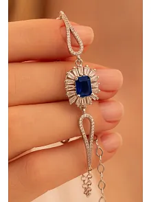 Kadın Gümüş Bileklik - Safir Taşlı Kare Model Zirkon Süslemeli Kadın Bileklik