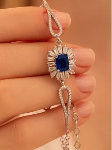 Kadın Gümüş Bileklik - Safir Taşlı Kare Model Zirkon Süslemeli Kadın Bileklik