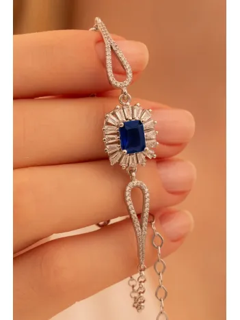 Kadın Gümüş Bileklik - Safir Taşlı Kare Model Zirkon Süslemeli Kadın Bileklik