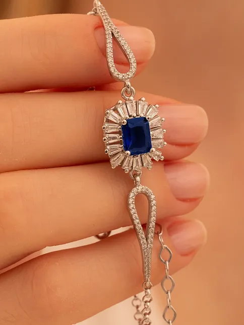 Kadın Gümüş Bileklik - Safir Taşlı Kare Model Zirkon Süslemeli Kadın Bileklik