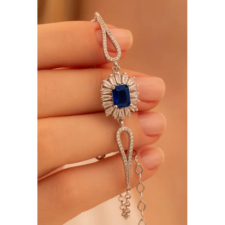 Kadın Gümüş Bileklik - Safir Taşlı Kare Model Zirkon Süslemeli Kadın Bileklik