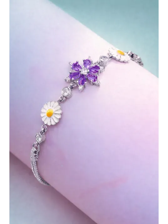 Papatyalı Nergis Çiçeği Zirkon Taşlı Gümüş Bileklik