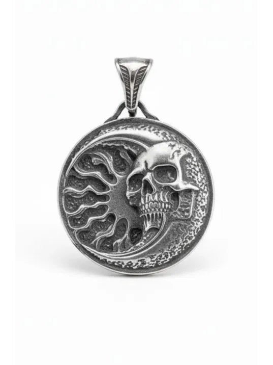 Erkek Gümüş Kolye - 925 Ayar Kabartmalı Güneş Ay ve İskelet Motif Tilki Kuyruğu Zincirli Erkek Kolye