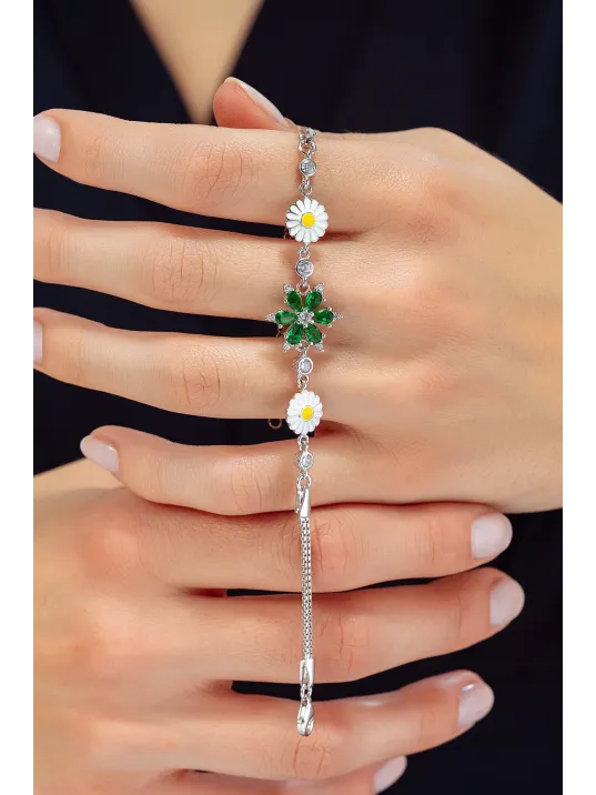 Kadın Gümüş Bileklik Yeşil Zirkon Taşlı Nergiz Motifli Yanı Papatya Çiçek Kadın Bileklik Kadın Gümüş Bileklik Yeşil Zirkon Taşlı Nergiz Motifli Yanı Papatya Çiçek Kadın Bileklik