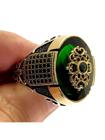 Yeşil Zirkon Taşlı Otantik Tasarım Gümüş Erkek Yüzük