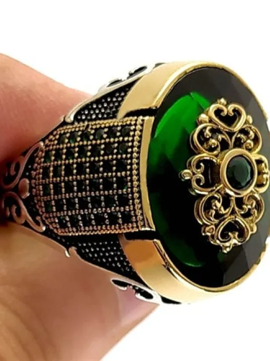 Yeşil Zirkon Taşlı Otantik Tasarım Gümüş Erkek Yüzük