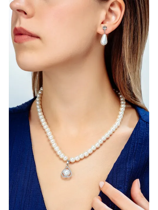 Kadın İnci Kolye Küpe Set - Victoria Model Çiçek Motifli Kadın İnci Set