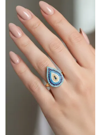 Kadın Gümüş Yüzük - Damla Model Nazar Boncuk Detaylı Zirkon Taşlı Gümüş Yüzük