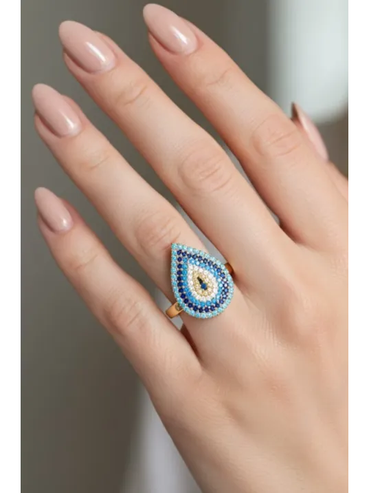 Kadın Gümüş Yüzük - Damla Model Nazar Boncuk Detaylı Zirkon Taşlı Gümüş Yüzük Kadın Gümüş Yüzük - Damla Model Nazar Boncuk Detaylı Zirkon Taşlı Gümüş Yüzük