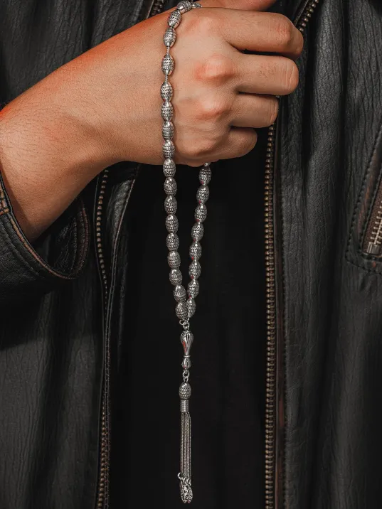 Erkek Tesbih - Zühre Oksitli 925 Ayar Gümüş Erkek Tespih Büyük Boy 42gr