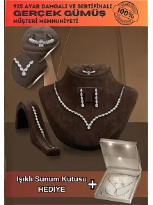 Dolunay Bayan Zirkon Taşlı Gümüş Su Yolu Set - Kolye, Bileklik, Küpe, Yüzük