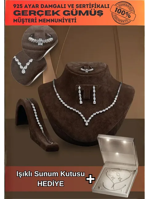 Dolunay Bayan Zirkon Taşlı Gümüş Su Yolu Set - Kolye, Bileklik, Küpe, Yüzük