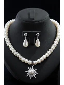 Kadın İnci Kolye Küpe Set - Solara Model Çiçek Motifli Kadın İnci Set