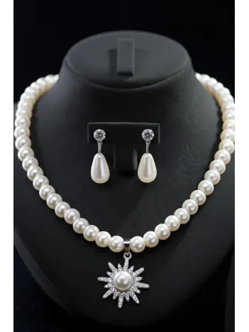 Kadın İnci Kolye Küpe Set - Solara Model Çiçek Motifli Kadın İnci Set