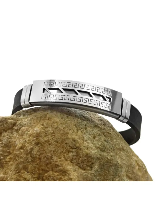 İnce Çift Sıra Grek Desen Kauçuk Çelik Erkek Bileklik Dblıncfgrek-syh