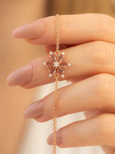 Kahverengi Taşlı Çiçek Model Rose Kadın Gümüş Bileklik