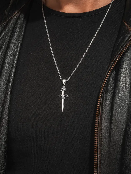 925 Ayar Gümüş Mat Ejderha Kılıcı Erkek Kolye Tilki Kuyruğu Zincir Damgalı Faturalı