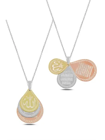 Damla Model Üçlü Allah Yazılı Nazar Dualı Ayetel Kürsi Kadın Gümüş Kolye GKLKTTRKM1D-ROS