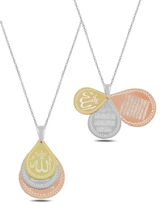 Damla Model Üçlü Allah Yazılı Nazar Dualı Ayetel Kürsi Kadın Gümüş Kolye GKLKTTRKM1D-ROS
