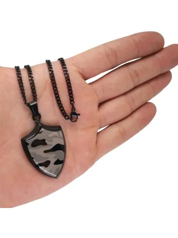 Askeri Kamuflaj Desenli Kalkan Modeli Çelik Erkek Kolye Zincir