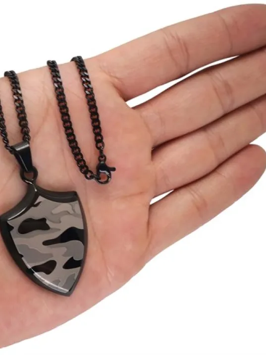 Askeri Kamuflaj Desenli Kalkan Modeli Çelik Erkek Kolye Zincir