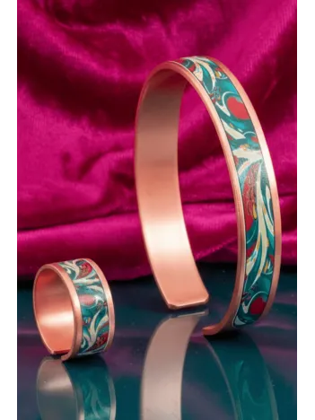 Kadın Bakır Bileklik Yüzük Set - Garden Model Özel Baskı Metal Kutu Ve Kuvars Taşı