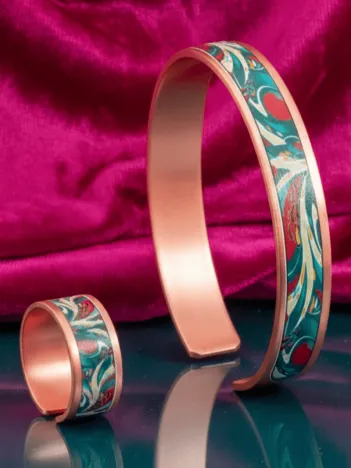 Kadın Bakır Bileklik Yüzük Set - Garden Model Özel Baskı Metal Kutu Ve Kuvars Taşı