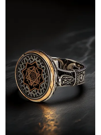 Erkek Yuvarlak Model Hz Süleyman Mührü İşlemeli 925 Ayar Gümüş Yüzük