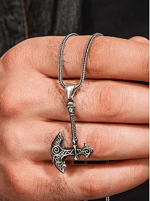 925 Ayar Gümüş Viking Savaşçı Baltası Erkek Kolye Tilki Kuyruğu Zincir Parlak Model