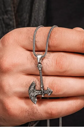 925 Ayar Gümüş Viking Savaşçı Baltası Erkek Kolye Tilki Kuyruğu Zincir Parlak Model