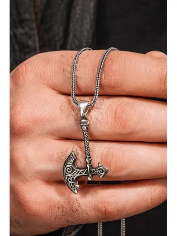 925 Ayar Gümüş Viking Savaşçı Baltası Erkek Kolye Tilki Kuyruğu Zincir Parlak Model