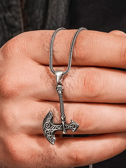 925 Ayar Gümüş Viking Savaşçı Baltası Erkek Kolye Tilki Kuyruğu Zincir Parlak Model